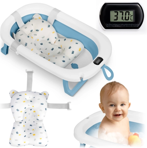 Bain pour bébé pliable avec thermomètre et insert nouveau-né, blanc et bleu