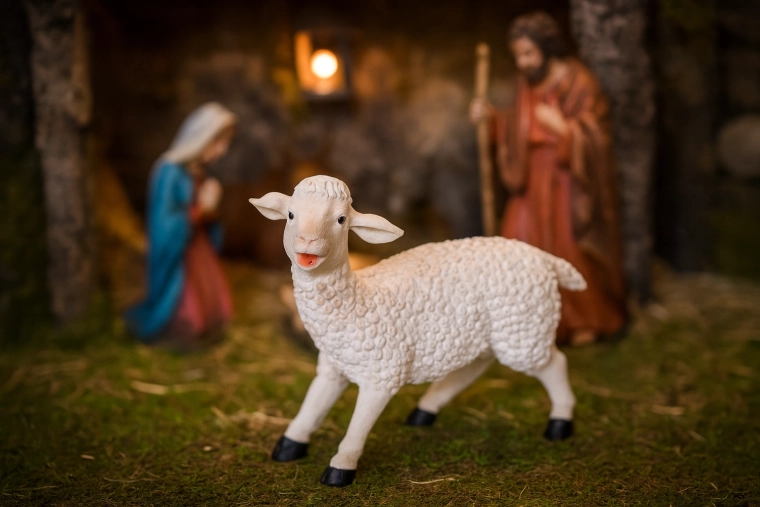 Decorative polyresin sheep figurine 29 cm for nativity scene and Christmas decor