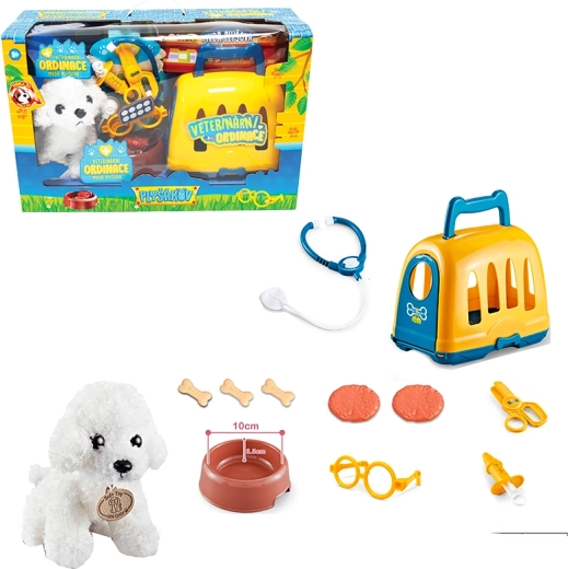 Dierenartsset met draagkooi en bichon