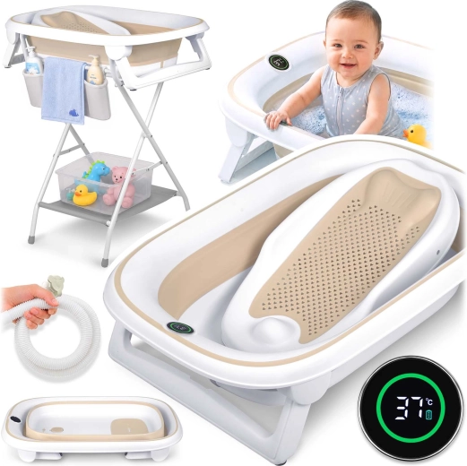 Nukido foldable baby bathtub with stand, thermometer and newborn insert, white-beige