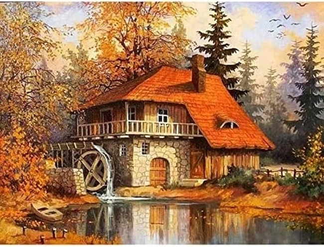 Diamant schilderen huisje met molen in de herfst 30 × 40 cm