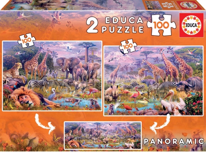 Wild Animals Panorama Puzzle 2×100 Pieces EDUCA