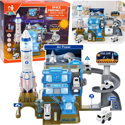 Station spatiale interactive avec fusée et parking à plusieurs niveaux avec lumières et sons