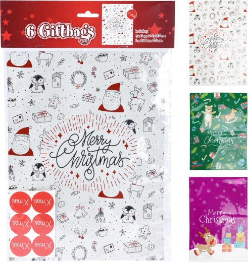Cadeauzakjes van cellofaan met stickers, mix van kerstmotieven, 32 × 24 cm, 6 + 6 stuks