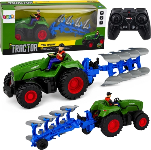 Tracteur agricole RC vert avec charrue et fermier 1:24
