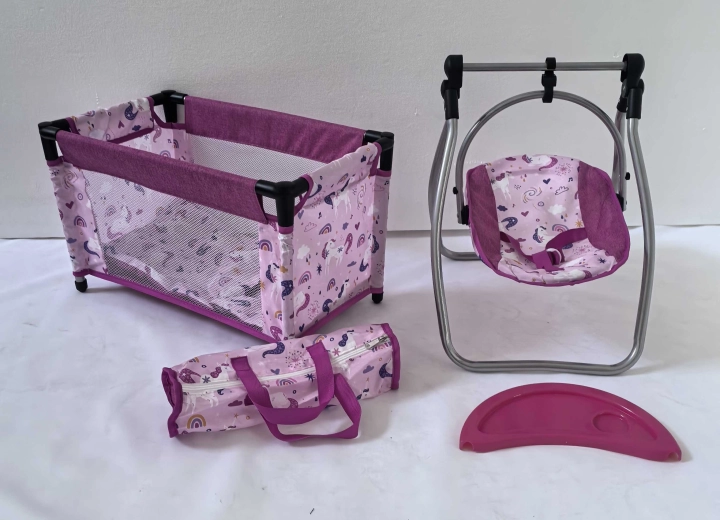 Ensemble pour poupées Unicorns – lit de voyage et chaise 2-en-1