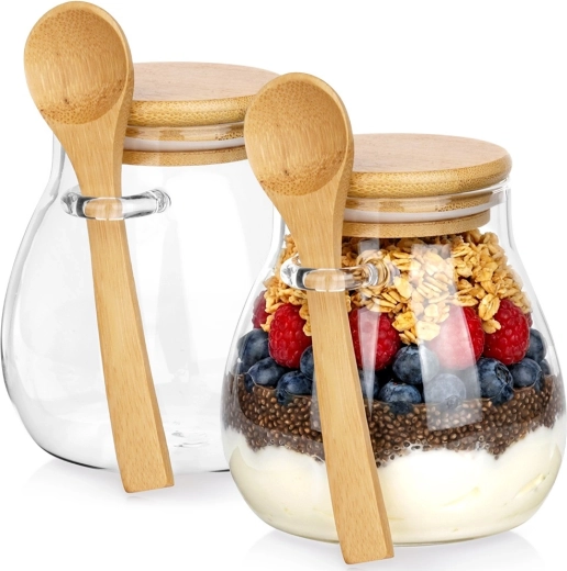 Glass Jars for Yogurt and Desserts with Bamboo Lid and Spoon, 440 ml, Set of 2