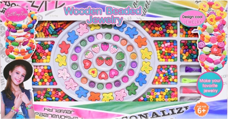 Wooden threading beads in a box