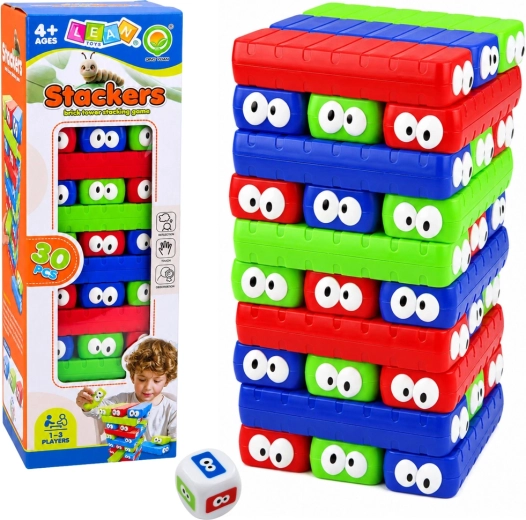 Family dexterity game Stackers – tower of colorful blocks with eyes (30 pcs)