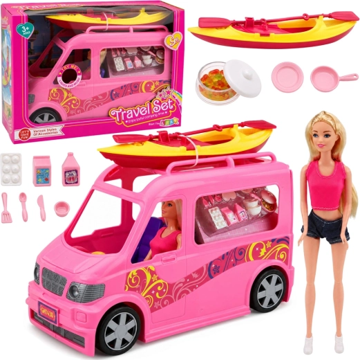 Poupée voyageuse avec camping-car, kayak et accessoires avec lumières et sons