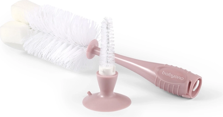 Brosse pour bouteilles et tétines avec ventouse BABYONO rose
