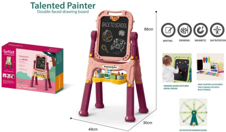 Kunstbord voor kinderen 48 stuks – roze, dubbelzijdig krijt- en magnetisch