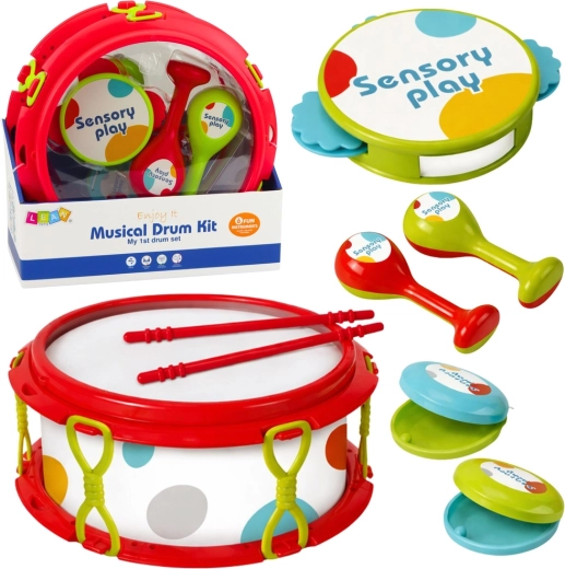 Children's musical instrument set: drum, rattles, tambourine and castanets