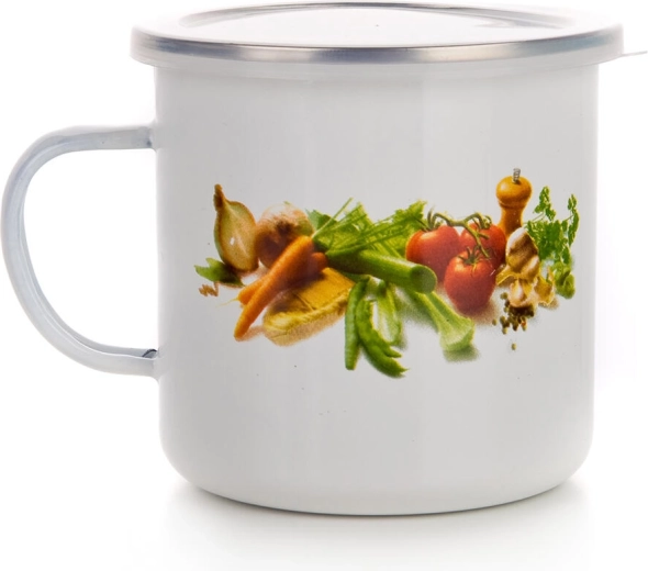 Enamel mug with vegetable design 0.7 l with plastic lid