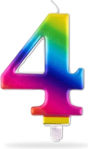 Regenboog taarttopper verjaardagskaars cijfer 4, 7,5 cm