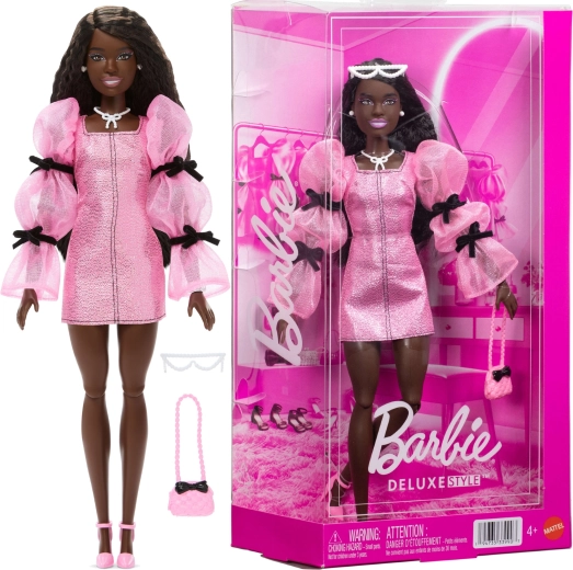Mattel Barbie Deluxe Style fashion doll in a pink-and-black outfit with accessories