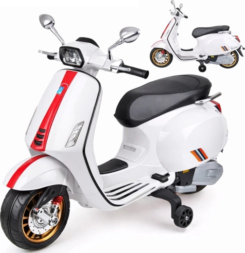 Scooter électrique pour enfants VESPA avec mélodies et roues stabilisatrices – Blanc