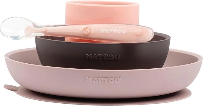 Nattou silicone dining set 4 pcs, pink‑purple, BPA‑free