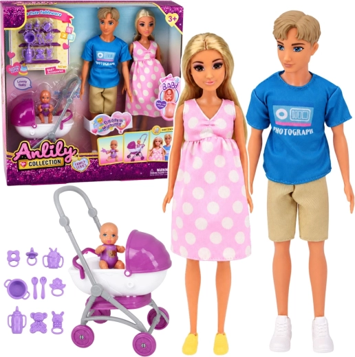 Anlily Collection familiepoppen set met baby, kinderwagen en accessoires