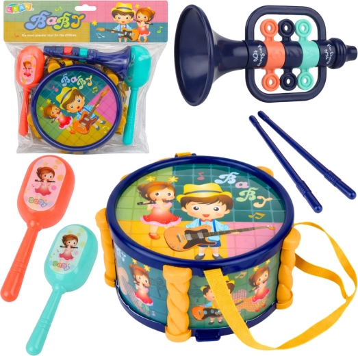 Muziekset voor kinderen – trommel, trompet en rammelaars