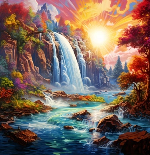 Diamond painting Zonsondergang bij waterval 30 × 40 cm