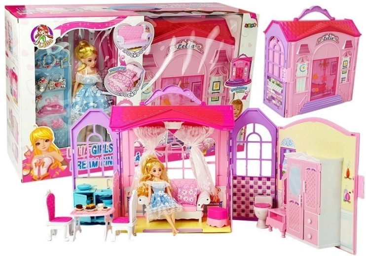 Uitschuifbaar poppenhuis Blonde pop met accessoires Keuken Toilet Slaapkamer in koffer