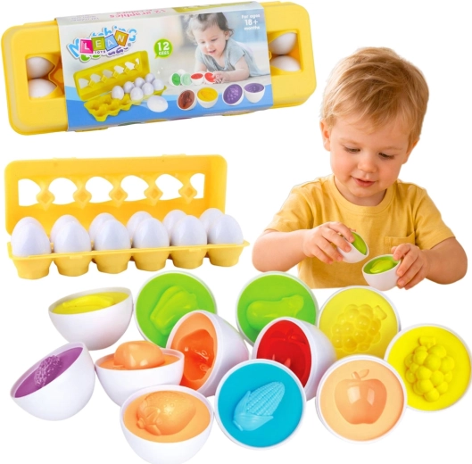 Educational egg sorter – shape and color sorting, fruit and vegetables, 12 pcs