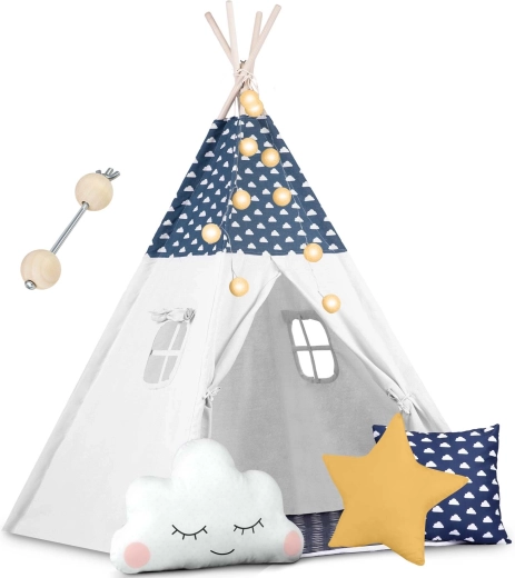 Tipi pour enfants avec guirlande lumineuse Nukido – bleu marine