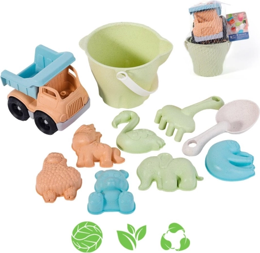 woopie green ensemble écologique pour le sable avec petit camion, 11 pièces