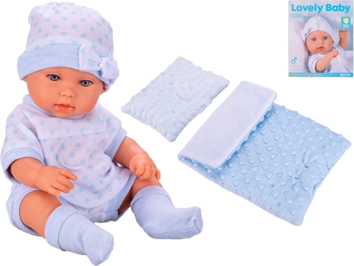 Baby with Blankets 33 cm – blue‑white outfit