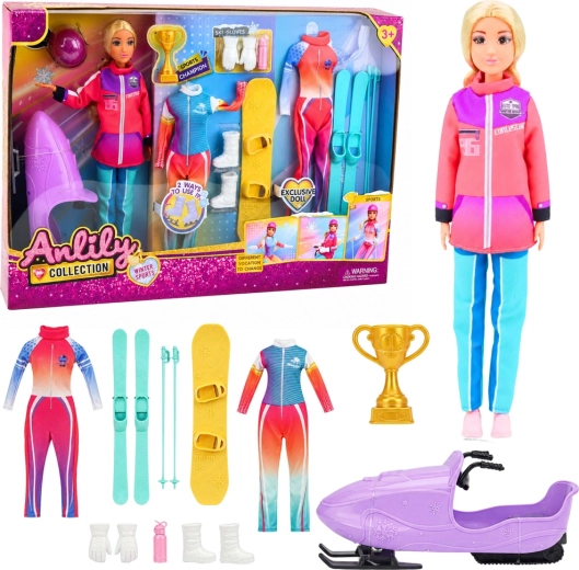Anlily Collection sportieve pop met winteruitrusting (ski’s, snowboard en sneeuwscooter) 30 cm
