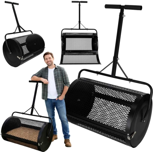 LUARO compost and fertilizer spreader with metal mesh drum