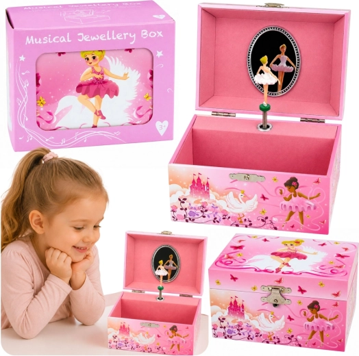 Rosa Spieluhr-Schmuckkästchen zum Aufziehen mit Ballerina und Spiegel für Kinder
