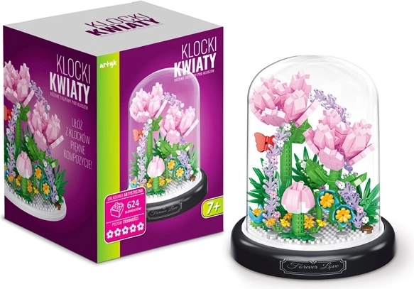 Bouwset met bloemen: roze tulpen onder een transparante stolp (624 onderdelen)