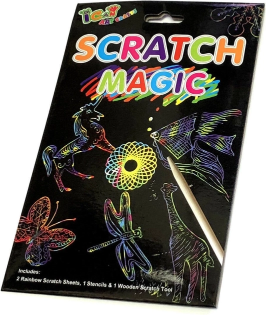 Regenboog kraskarton met sjablonen en houten pen