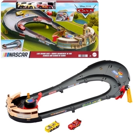 Disney and Pixar Cars NASCAR racing track with 2 cars