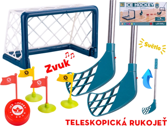Kinder-Eishockey-Set mit Toren, teleskopischen Schlägern und Lichteffekten