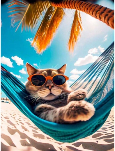 Diamantschilderen – kat in een hangmat 30 × 40 cm