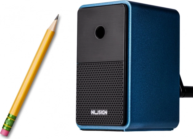 Crank pencil sharpener with container and blade length adjustment, blue