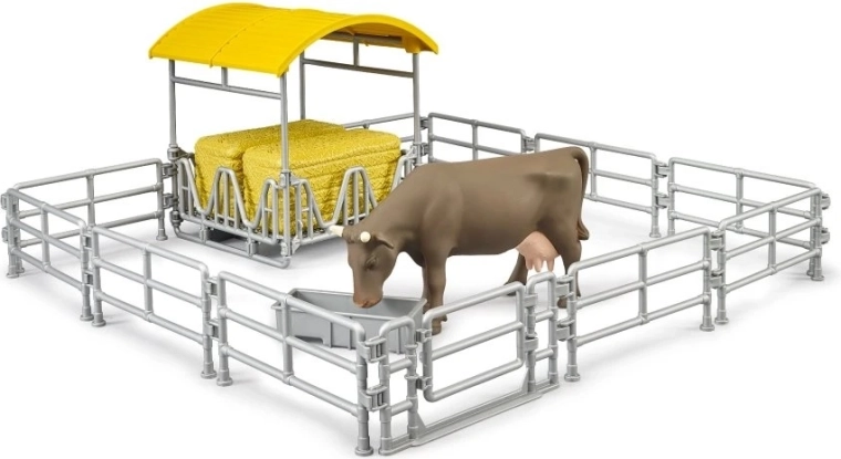 Bruder hooischuur met afrasteringen en koe – boerderij-speelset