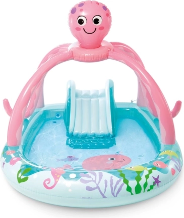 Opblaasbaar speelcentrum Octopus met watersproeier en glijbaan