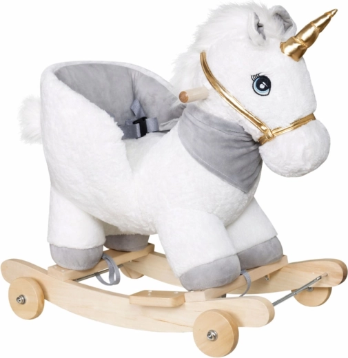 White 2‑in‑1 rocking unicorn with backrest and rolling wheels