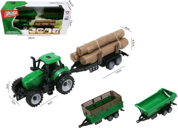 Tracteur vert avec 3 remorques 18 cm