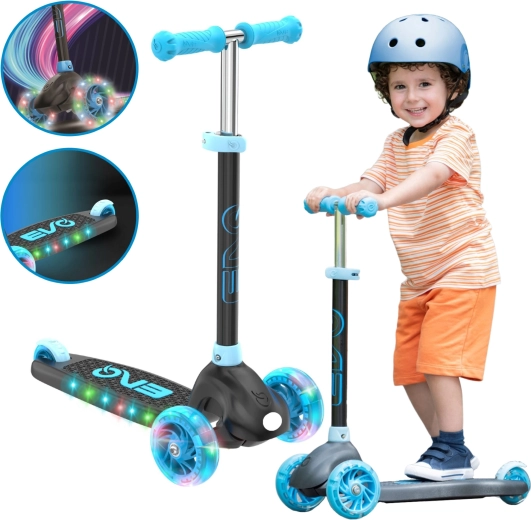 EVO Eclipse kids' three-wheel scooter with LED wheels and deck, adjustable height, blue
