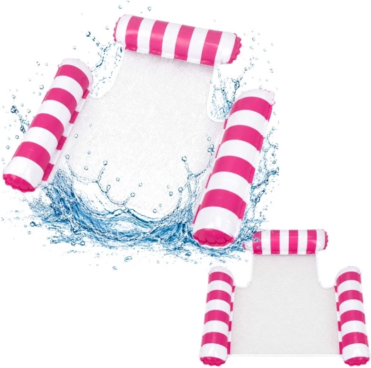 Inflatable water hammock with headrest and mesh, white-pink