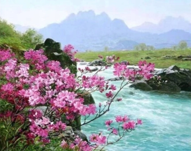 Norimpex diamond painting – pink bush by the stream 30 × 40 cm