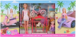 large doll set with car, scooter, bike, and accessories
