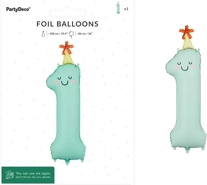 Ballon en aluminium chiffre 1 menthe mat avec visage 86 cm