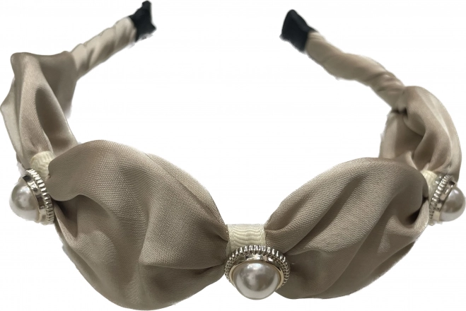 Satin Hair Headband BLING with Pleats and Pearls - Beige