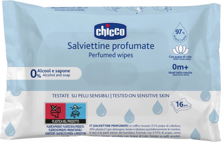 Chicco lingettes humides pour enfants légèrement parfumées format sac à main 16 pcs
